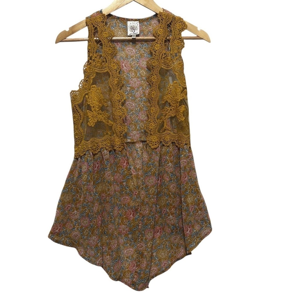 Anthro Self Esteem Women Crochet Vest M Mustard Floral Boho Fairy Festival Indie